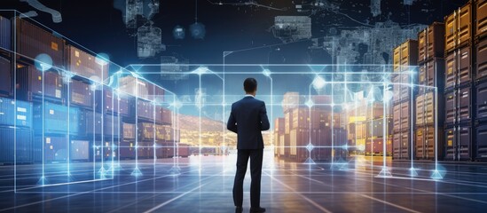 Businessman holding virtual interface panel of global logistics network distribution and transportation,  Innovation future of transport on a large warehouse center 