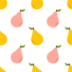 Vector seamless pattern with pears on a white background. Summer fruits print. Wrapping design. Baby, kids, childish cute pattern with pears fruit. Food background.