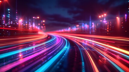 Futuristic Cyberpunk Style Light Trails on Curving Abstract City Roads at Nighttime