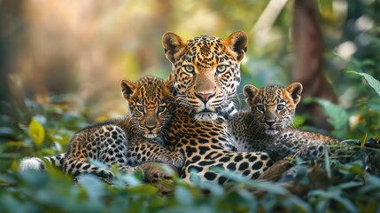 Obraz premium A leopard with her two cubs in the jungle, surrounded by greenery, displaying a protective bond.