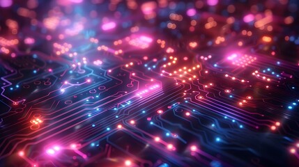 Fototapeta premium Vibrant Neon Digital Technology Background with Glowing Futuristic Circuit Pattern