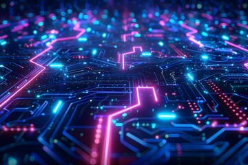 Fototapeta premium Futuristic Neon Circuit Technology Background with Glowing Luminous Geometric Patterns
