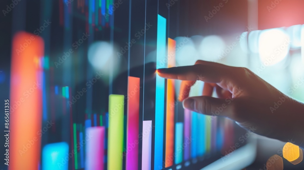 Poster Finger pointing at colorful financial bar graphs on a screen. Vibrant data analysis and business growth concept. Perfect for financial presentations and reports