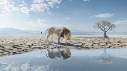 A lioness stands in a puddle, gazing at her reflection as the sun sets over the African savanna