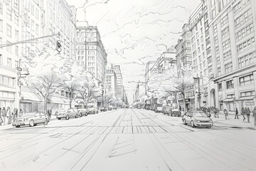 Detailed Pencil Sketch of Bustling Urban Cityscape with Towering Buildings and Busy Street Scene