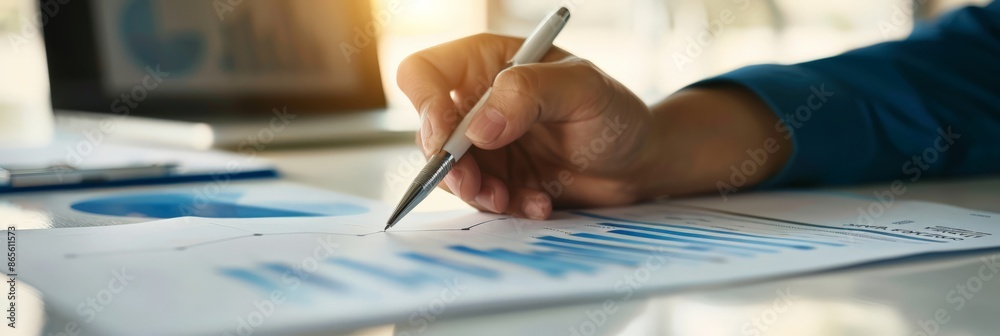 Aufkleber Close-up of hand writing on a financial report with charts and graphs. Business planning and financial analysis concept. Suitable for business presentations and reports