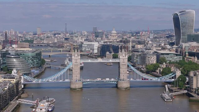 Aerial view of the iconic Tower Bridge in London on bright, sunny day