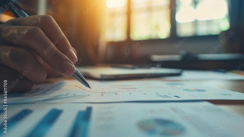 Poster Hand pointing at financial chart on paper in a modern office. Business strategy and data analysis concept. Perfect for business reports and presentations