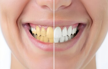 Before and after image highlighting teeth whitening results and dental transformation