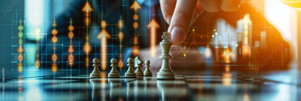 Aufkleber hand playing chess with digital financial graphs in the background. business strategy and financial 
