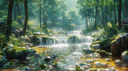 A beautiful, serene forest with a small stream running through it. The water is clear and the rocks surrounding the stream are large and jagged. The scene is peaceful and calming