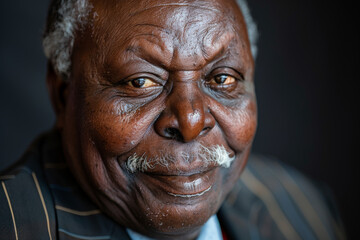 Head and shoulders portrait of a senior man of African descent, studio photo, dark background