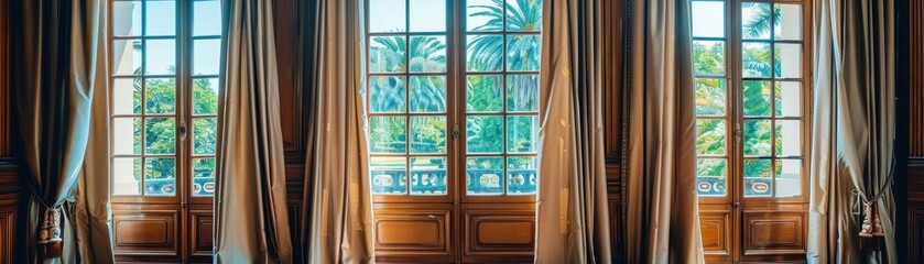 Wooden windows with vintage curtains