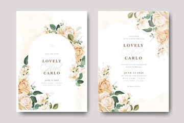floral frame wedding invitation with roses flower creamy color