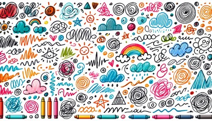 Colorful and vibrant display of various art supplies, including pencils, crayons, markers, and paintbrushes, arranged in a circular pattern and set against a white background