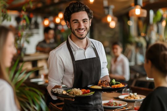 Smiling waiter in a busy restaurant serving food on plates.