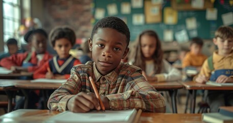 Focused boy writing in notebook in diverse classroom setting, surrounded by classmates