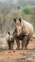 Fototapeta premium A mother white rhinoceros and her calf stand together in a South African savanna, with rocky hills in the background
