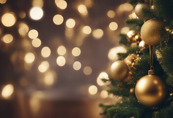 Fototapeta premium Horizontal banner with christmas tree garland and ornaments Hanging gold balls and ribbons Great for