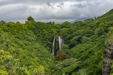Opaekaa Falls Vista Parking,  ʻŌpaekaʻa Falls is a waterfall located on the ʻŌpaekaʻa Stream in Wailua River State Park on the eastern side of the Hawaiian island of Kauai. Hawaii, basalt 
