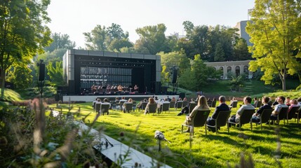 A view of a concert audience seated on a grassy hill in front of a stage. People are seated in...