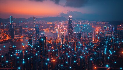 Fototapeta premium Cityscape at Dusk with Network Connections