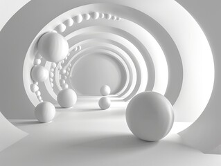 White geometric spheres aligned within an abstract tunnel create a stunning wallpaper or potential best-seller