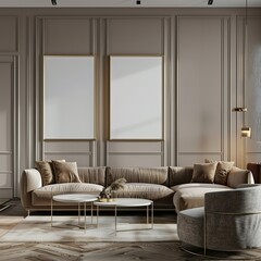 An image featuring a chic living room setup with beige sofa and gold accents, perfect as a background or wallpaper, and likely a best-seller