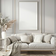 An image featuring a classical white and beige living room, complete with an abstract framed artwork, perfect for an elegant background or wallpaper best-seller