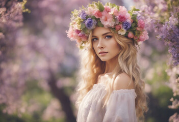 Naklejka premium Spring Woman Beauty Summer model girl with colorful flowers wreath and blonde hair Flowers Hair Styl