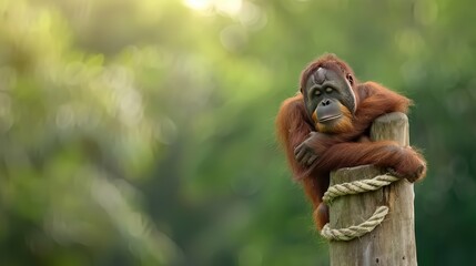 Obraz premium An orangutan rests its head on a wooden branch at the zoo, seemingly relaxed and content