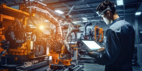 Engineer using tablet check and control automation robot arms machine in intelligent factory industrial on a monitoring system software. Welding robotics and digital manufacturing arm, artificial inte