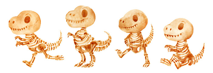 Tyrannosaurus rex skeleton . Hand drawn watercolor paint design . Cute cartoon characters . Set 3 . Illustration . © stockdevil