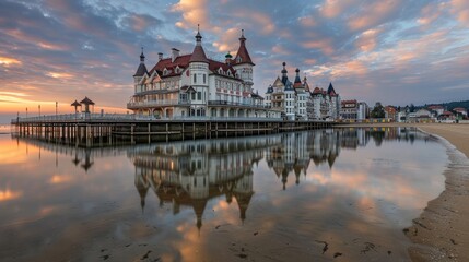 Fototapeta premium A beautiful view of a row of white buildings lining the shore of a calm lake. The sun is setting, casting a warm glow on the water and creating a serene and tranquil scene