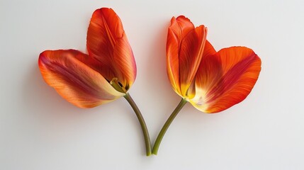 Two tulip petals arranged in the shape of a heart on a white surface Top view