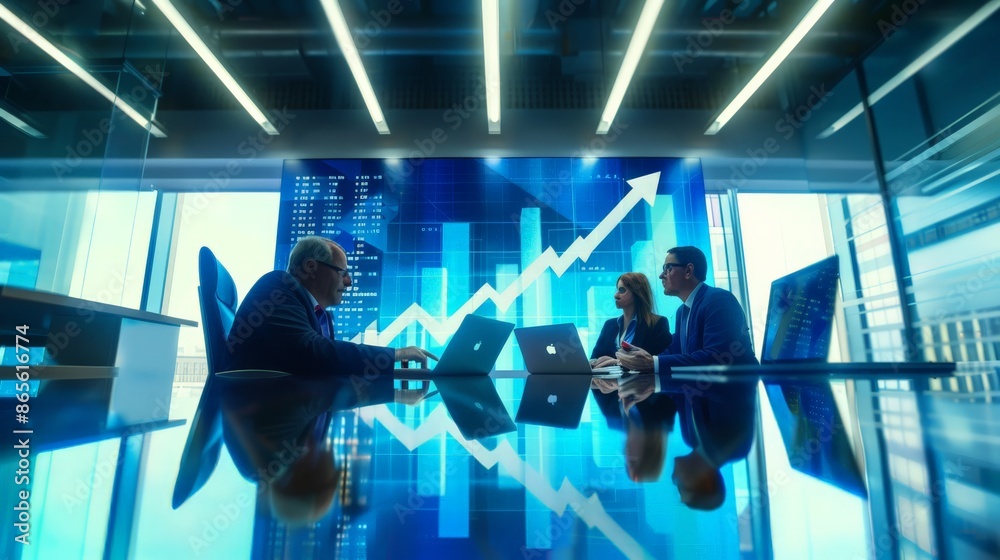 Aufkleber business team with laptops analyzing financial data on a large screen. ideal for corporate strategy 
