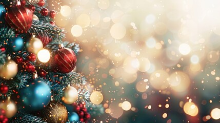 Festive banner with Christmas tree adorned in blue red and gold balls on blurred background featuring bokeh effect Space for text included
