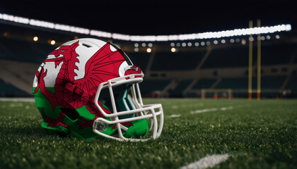 An American football helmet with the Wales flag design sits on a field at night, under stadium lights