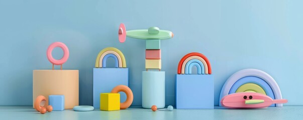 Colorful geometric toys on podiums with blue background showcasing minimalistic design