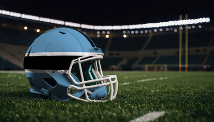 An American football helmet with the Botswana flag design sits on a field at night, under stadium lights