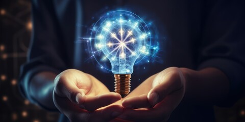 Hand holding light bulb and cog inside and innovation icon network connection on brain background 