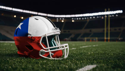 An American football helmet with the Chile flag design sits on a field at night, under stadium lights