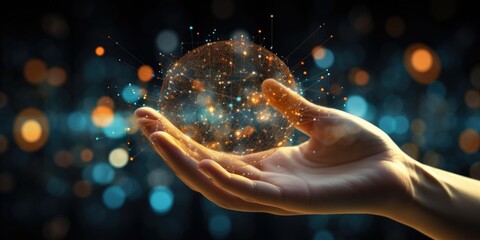 Hand holding of global data network, Big data visualization of futuristic and block chain, Financial analysis, social network of databases