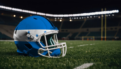 An American football helmet with the Honduras flag design sits on a field at night, under stadium lights