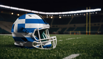 An American football helmet with the Greece flag design sits on a field at night, under stadium lights