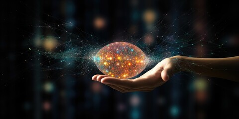 Hand holding of global data network, Big data visualization of futuristic and block chain, Financial analysis, social network of databases