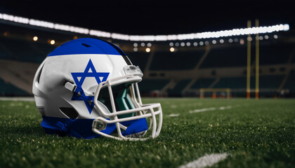 An American football helmet with the Israel flag design sits on a field at night, under stadium lights