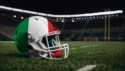 An American football helmet with the Italy flag design sits on a field at night, under stadium lights