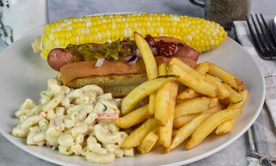 hot dog with fries ,macaroni salad andcorn