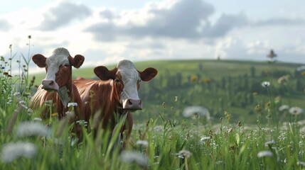 Beautiful cows leisurely enjoying their time in a picturesque pasture.